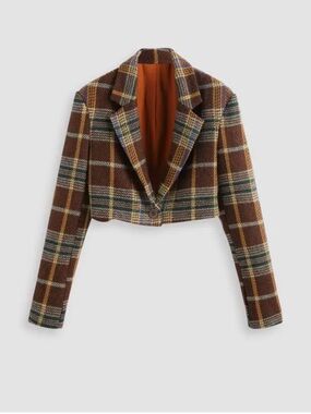Cider Cropped Brown Plaid Blazer with Multicolor Checks